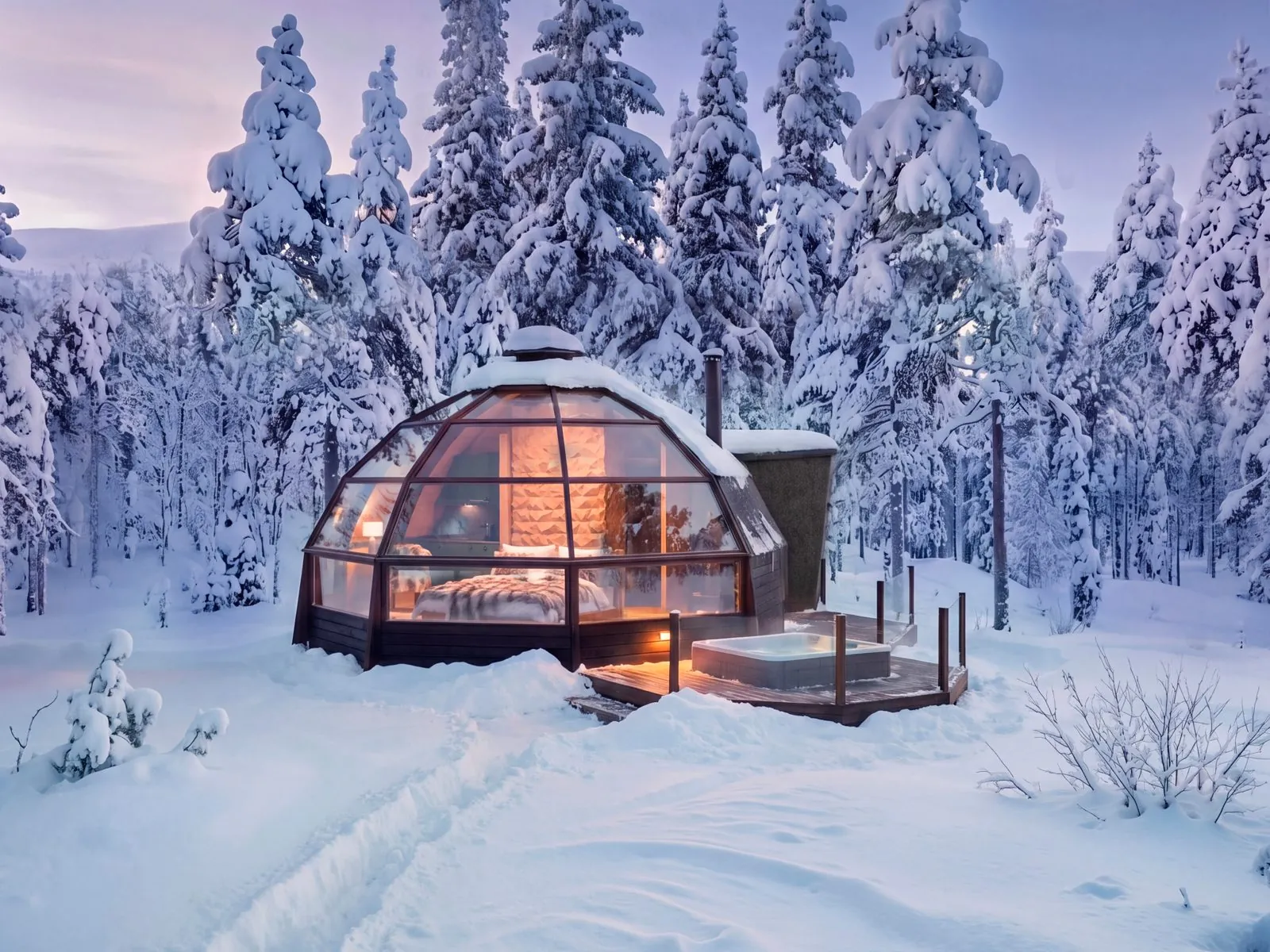 Rovaniemellä rakennettu iglu talvimaisemassa